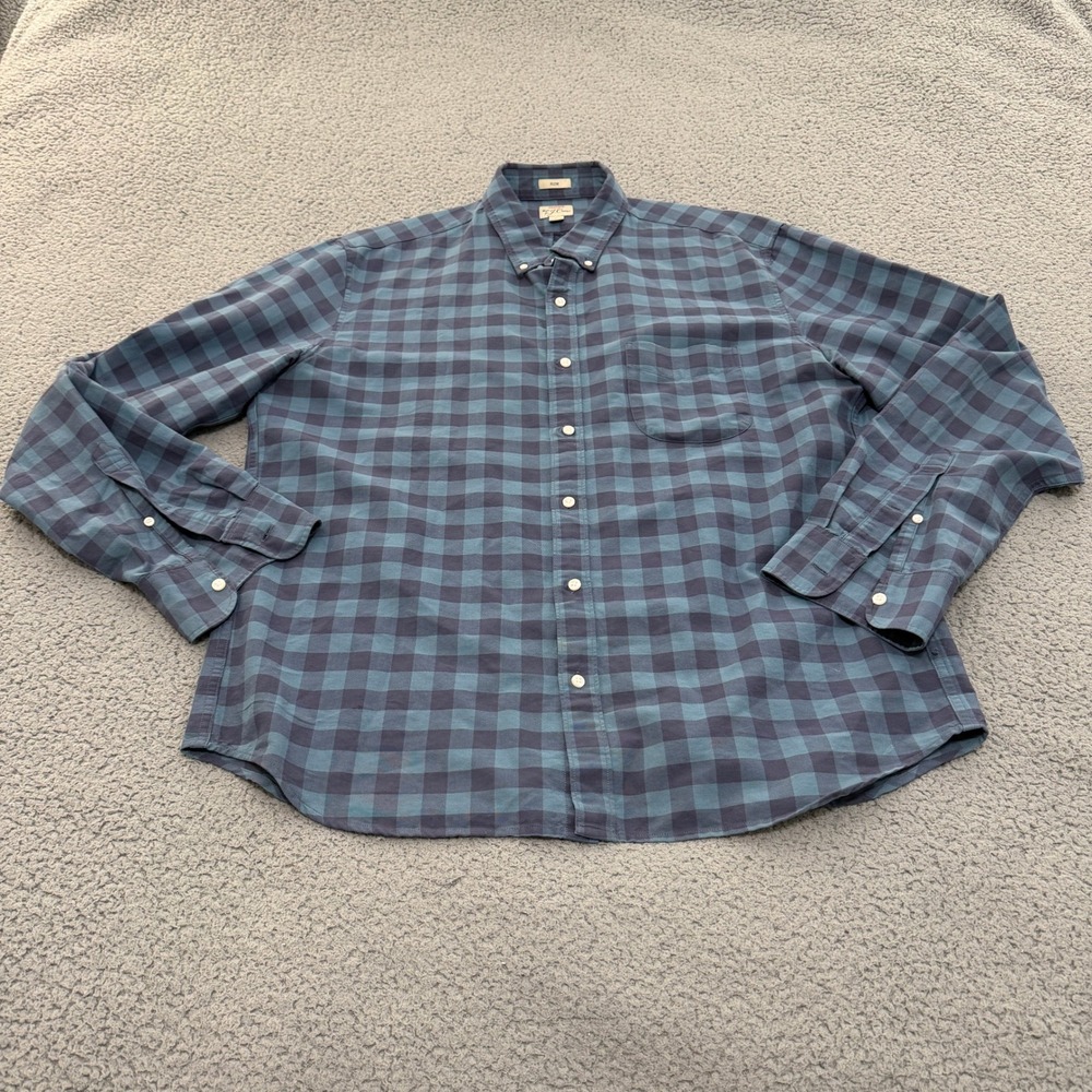 J. Crew Shirt Mens XL Slim Fit Oxford Cotton Buffalo Check Button Down Blue Navy